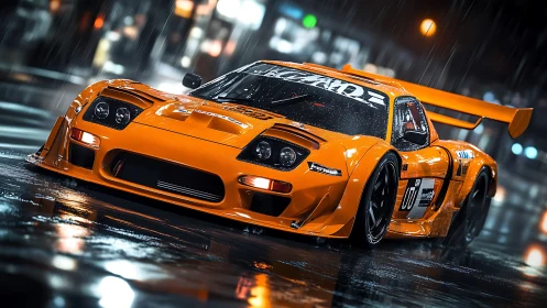 Aerodynamic orange race car under nocturnal urban rainfall.