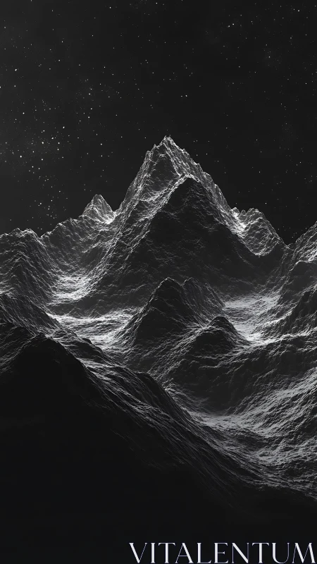 Monochrome high-contrast mountain massif under starfield