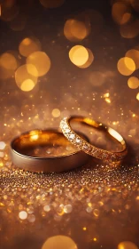 Golden wedding rings sparkling with warm romantic light.
