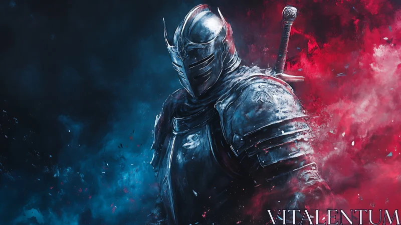 Armored knight emerging through dual red and blue mists.