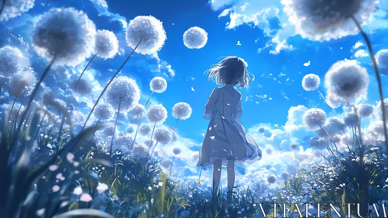 Girl amid luminous dandelion field under vivid blue sky.