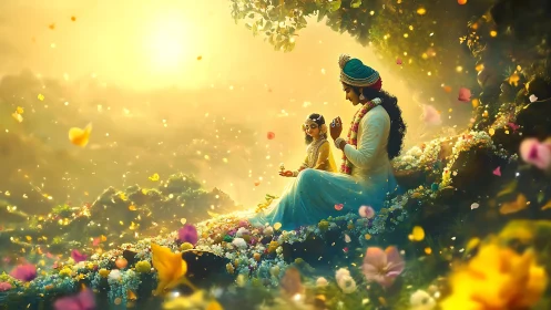 Sunlit divine gathering resting in a drifting flower meadow.