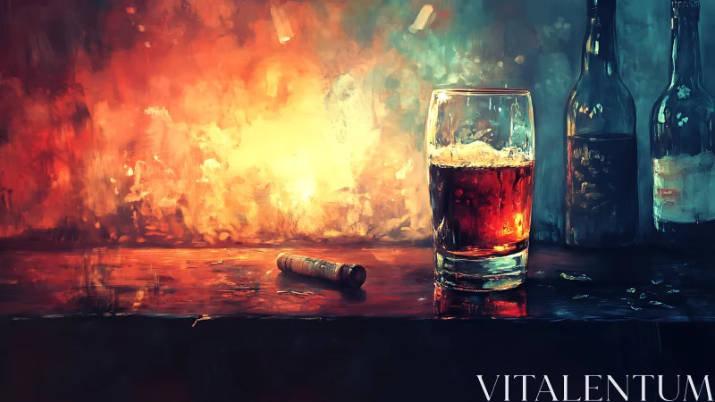 Glass of dark beer on wooden bar with glowing backdrop