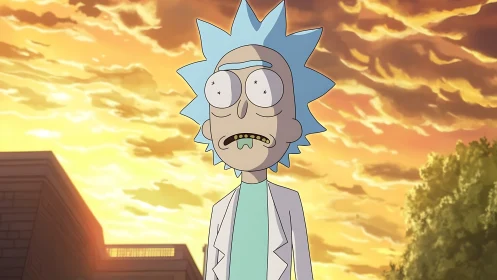 Disoriented cartoon scientist under turbulent sunset sky.