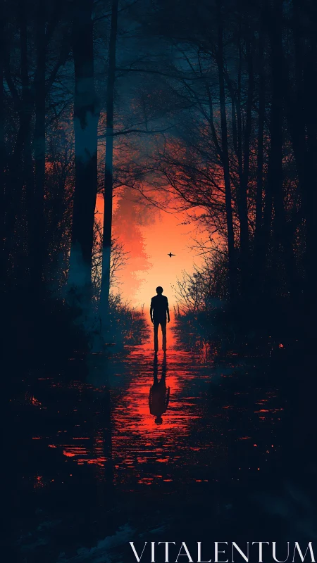 Silhouette in dark forest against red reflective light.