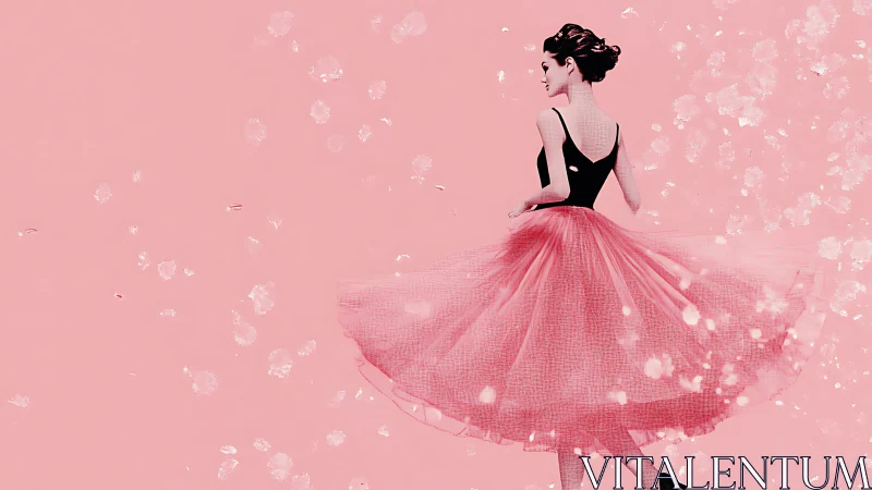 Elegant ballerina in swirling pink tulle skirt on blush field.