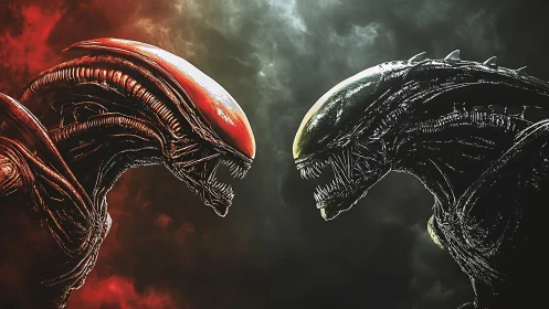 Two biomechanical alien creatures in symmetrical confrontation.