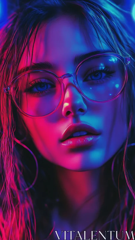Neon-drenched portrait of girl in glasses and wet hair.