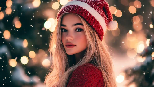 Young woman in red Santa hat in soft winter lighting.