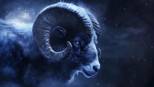 Celestial ram portrait in luminous blue cosmic mist.