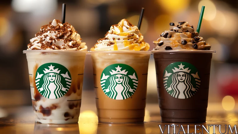 Trio of Starbucks frappuccino giants crowned in candy clouds.