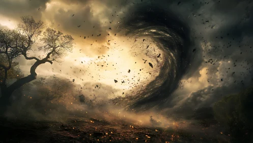 Stormlit vortex swirling through a wild twilight landscape.
