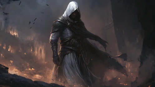 Hooded warrior strides through burning ruined cityscape.