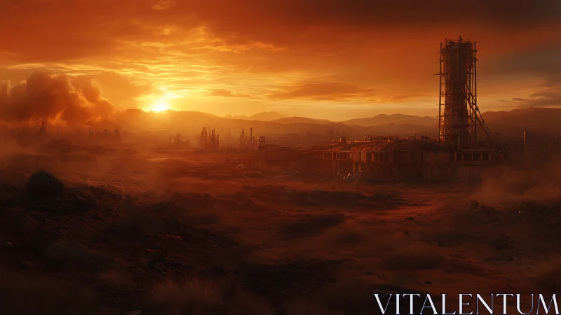 Rust-red wasteland refinery glows under a burning sunset.