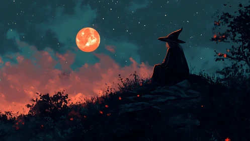 Solitary witch gazes at a glowing red moon in silence.
