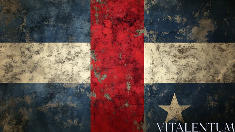 Weathered tricolor flag with star and heavy surface wear.