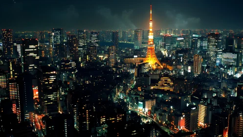 Tokyo urban skyline at night with illuminated central tower.