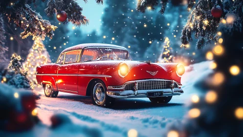 Classic red winter car glows amid festive snowy forest.