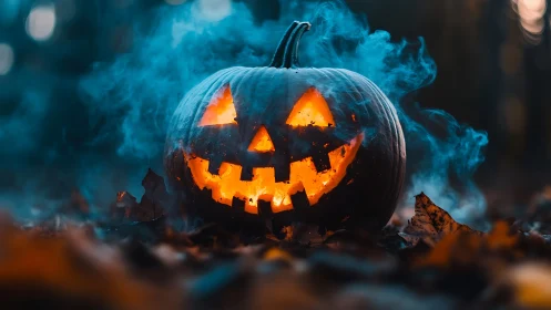 Volumetric-lit jack-o-lantern amid blue atmospheric fog field.