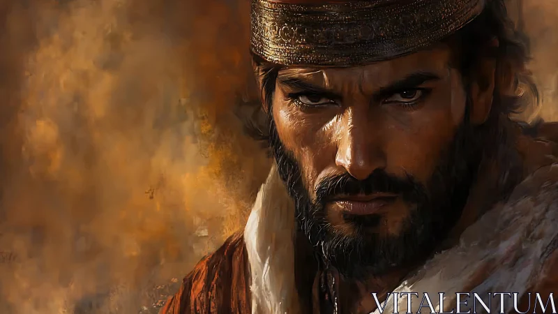 Brooding desert warlord portrait in dramatic warm light.
