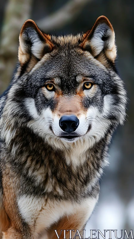 Grey wolf portrait with intense amber eyes in winter forest.