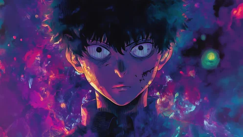 Anime character portrait amid abstract neon atmosphere.