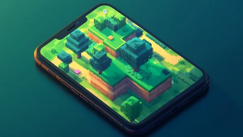 Voxel forest island rises from smartphone screen in 3D.