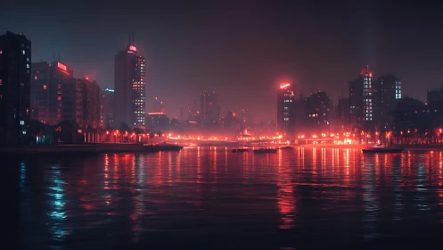 Neon waterfront skyline glows through dense coastal night fog