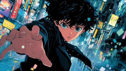 Urban night pursuit with determined anime hero reaching out.