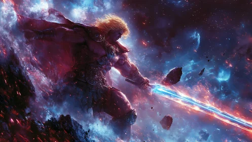 Cosmic warrior hurls energized sword through shattered nebula