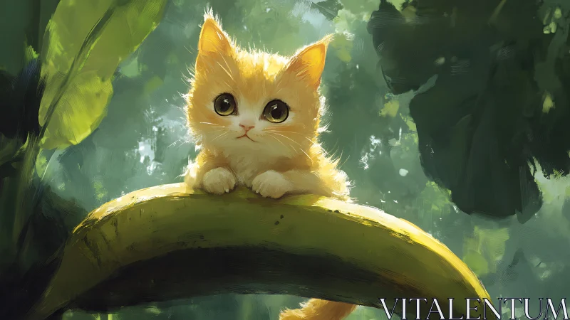 Golden Kitten Perched on Verdant Branch in Luminous Forest Setting
