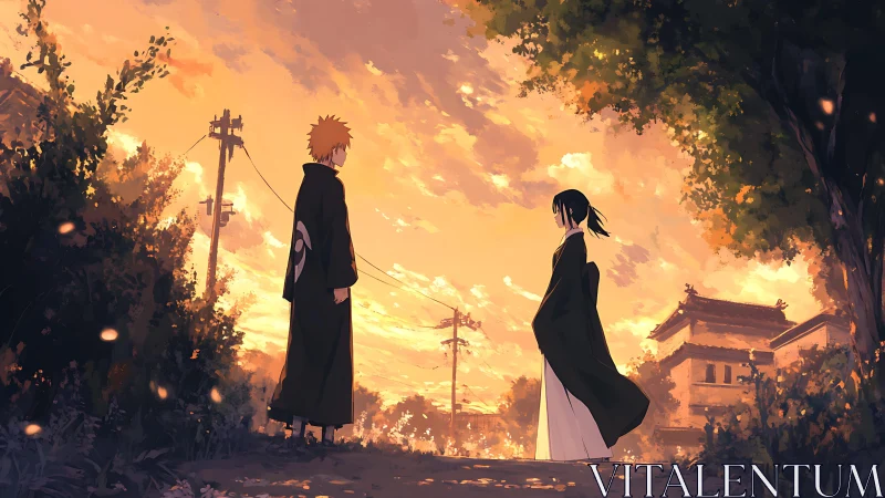 Two robed figures stand under orange sunset sky facing apart