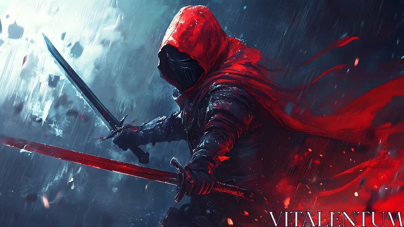 Hooded warrior with twin swords in a storm of red light.