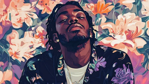 Stylized male portrait merges urban attitude with floral bloom field