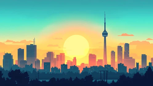 Vibrant city skyline glows under a serene pastel sunset