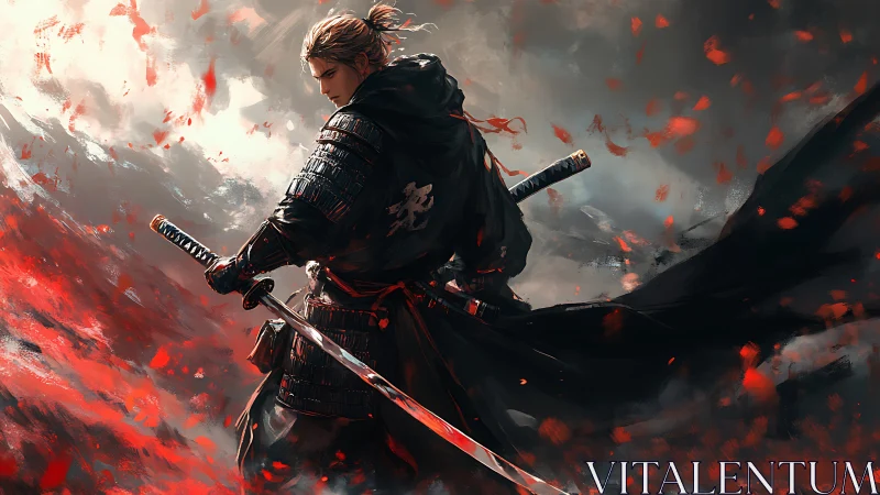 Lone samurai readies his blade amid a storm of red embers