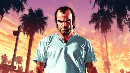 Male figure in teal shirt before palm trees at sunset.