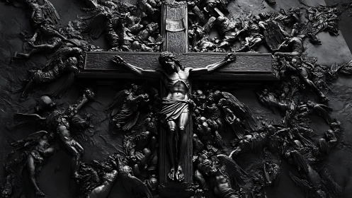 Dramatic crucifixion relief glows against swirling dark figures