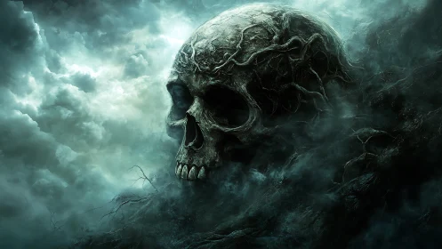 Stormlit rootbound skull drifting through haunted mist.