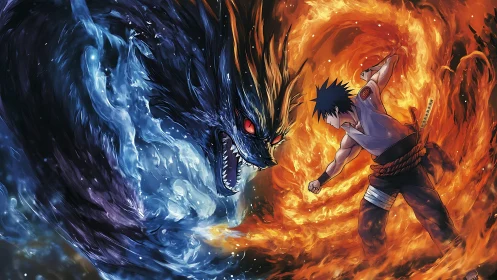 Human figure confronting elemental dragon in swirling firestorm.
