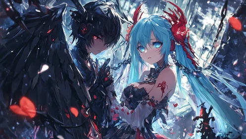 Dual-winged anime figures embody luminous red-blue contrast