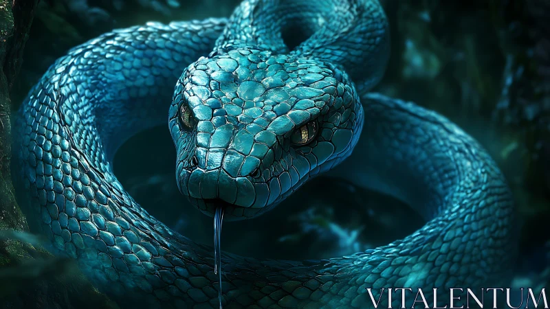 Coiled blue viper rendered with hyperreal reptile scales.