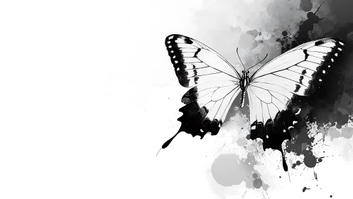 Monochrome butterfly rendered against asymmetric ink splatter field