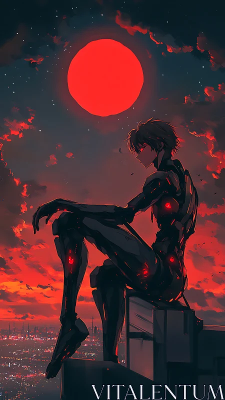 Cyborg silhouette over city under large red moon.