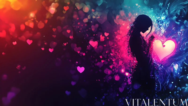 Silhouette Dancing Between Neon Hearts and Cosmic Fire