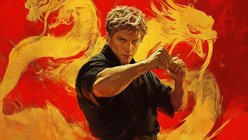 Martial artist confronts golden dragon spirits in blazing red.