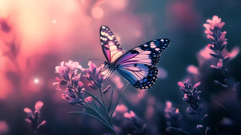 Butterfly rests on glowing flowers in dreamy sunset garden.