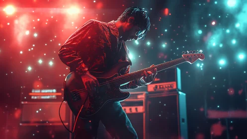 Electric bassist in neon bokeh concert lighting performance.