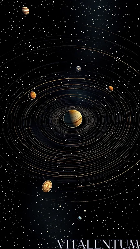 Stylized planetary system orbits around central gas giant