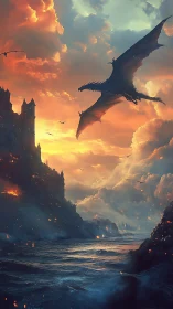 Dragon storm over burning coastal fortress at sunset.